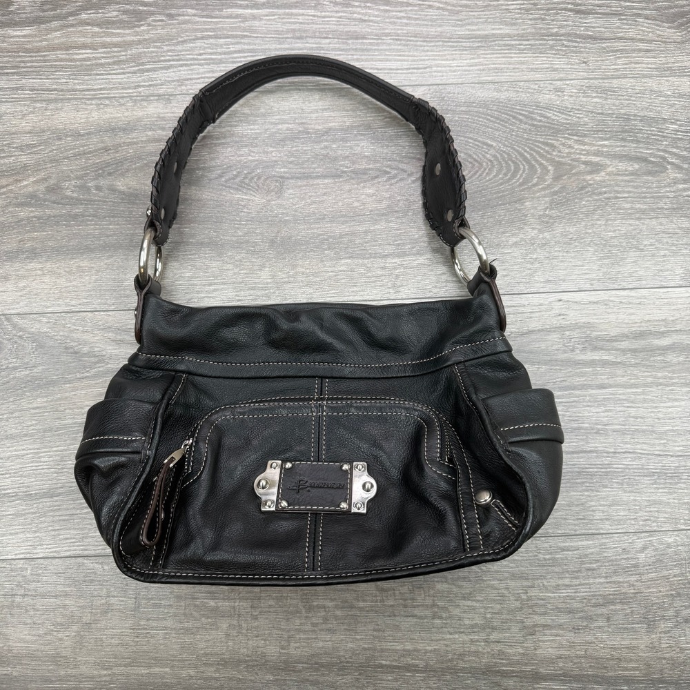 B Makowsky Black Leather Hobo Shoulder Bag Handbag Purse Silver Hardware Y2K